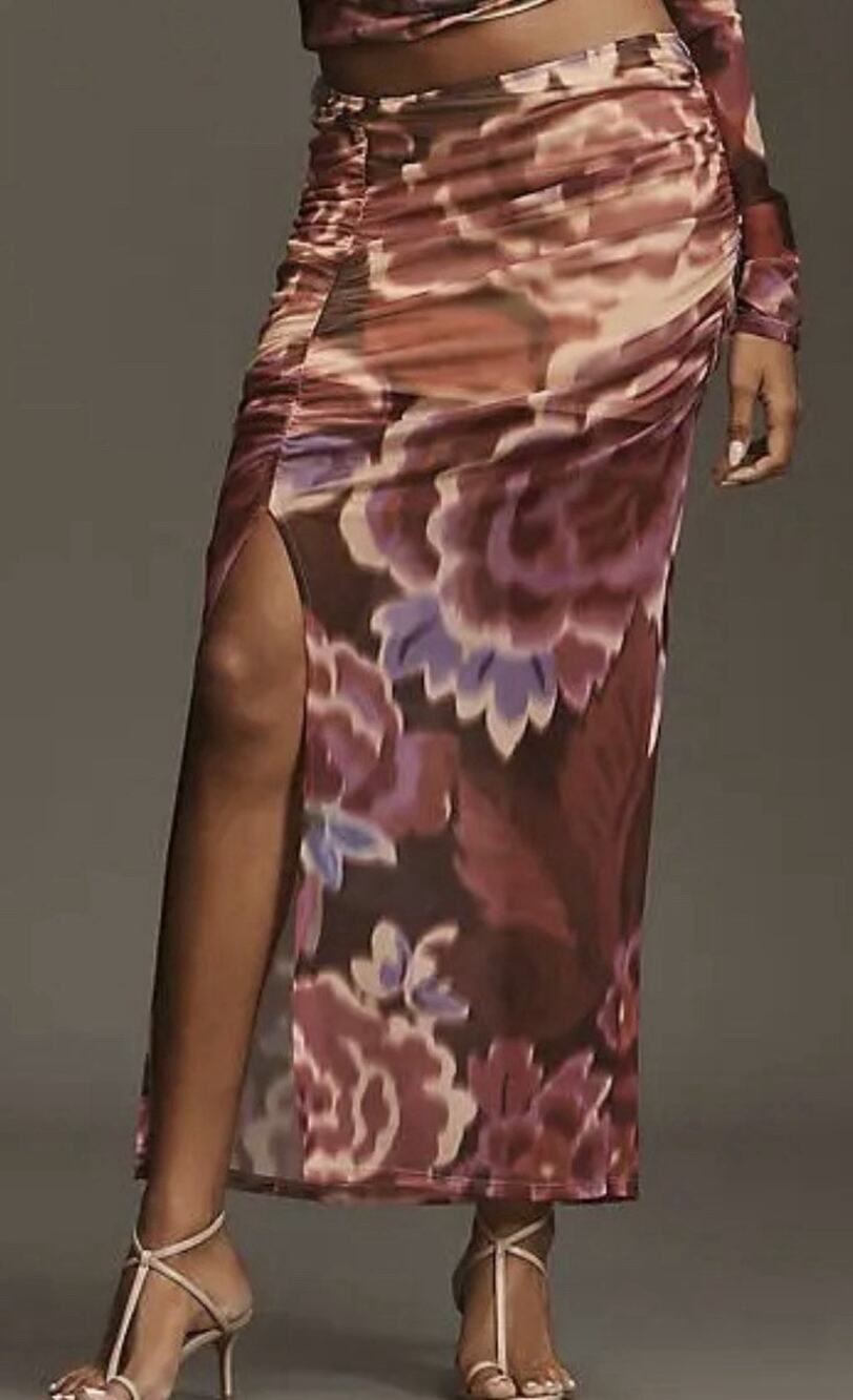 NWT Anthropologie Skirt Women Sz M Ruched Side Slit Floral Maxi